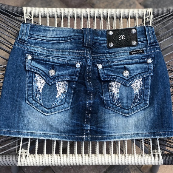 MISS ME Bling Sequin Angel Wings Denim Skirt 26 - Picture 4 of 8